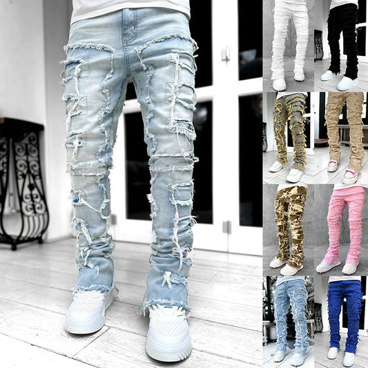 Yuvoro men’s patched stacked jeans front view