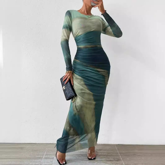 Yuvoro ruched long sleeve dress in olive green