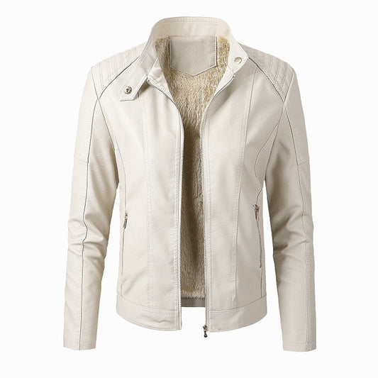 Yuvoro women’s black PU leather jacket with stand collar