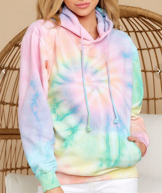 Yuvoro women’s pink tie-dye hoodie front view