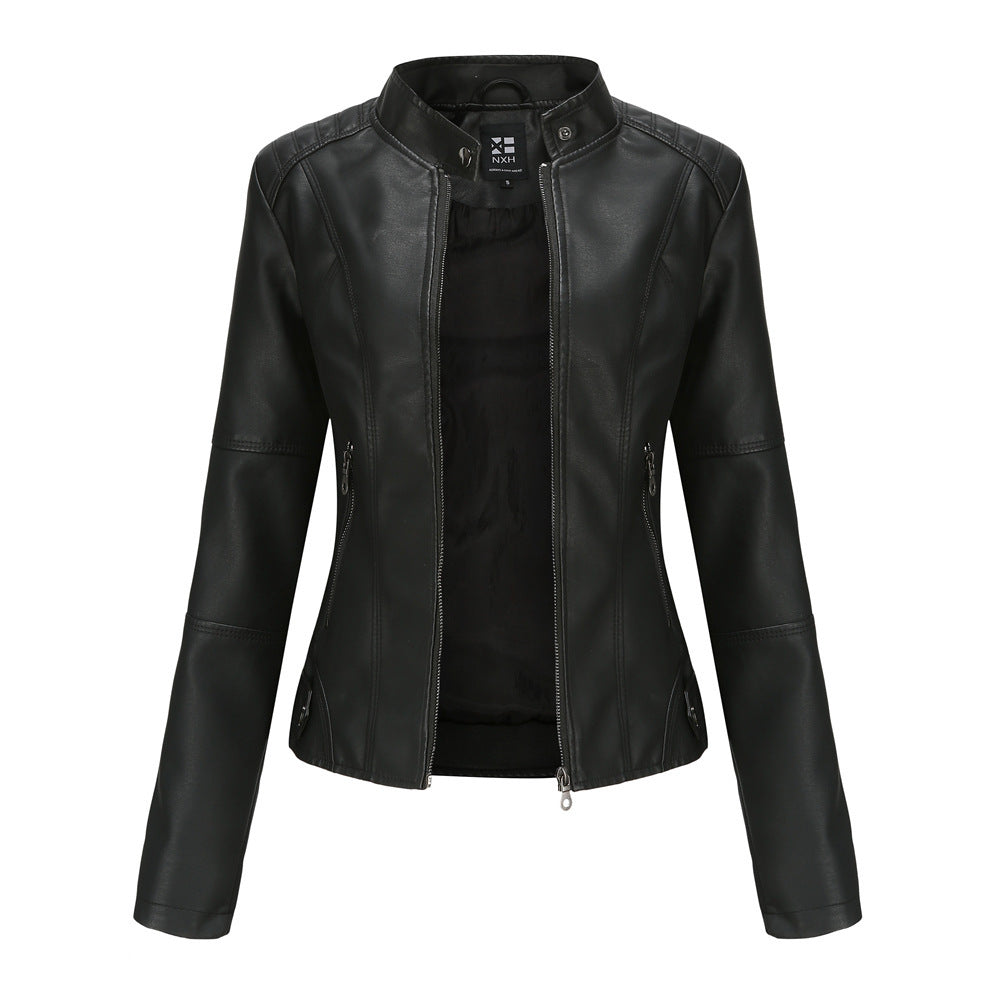 bLACK PU leather jacket with stand collar design