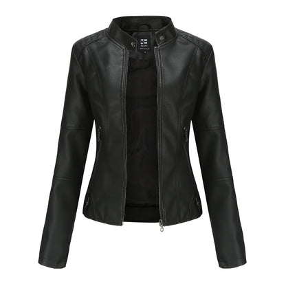 bLACK PU leather jacket with stand collar design
