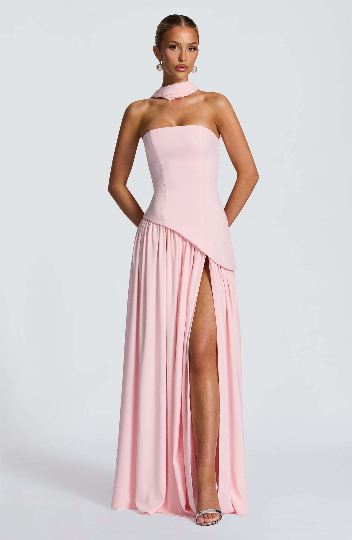 strapless slit evening gown