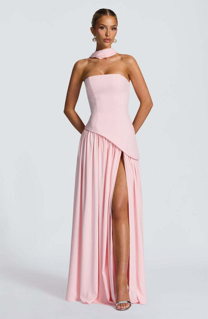 strapless slit evening gown